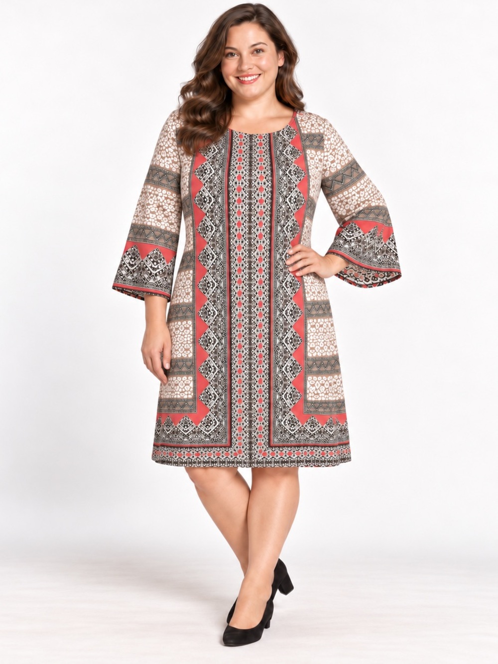 London Style Printed Bell-Sleeve Maxi Dress in Coral, Taupe, Black, and Cream